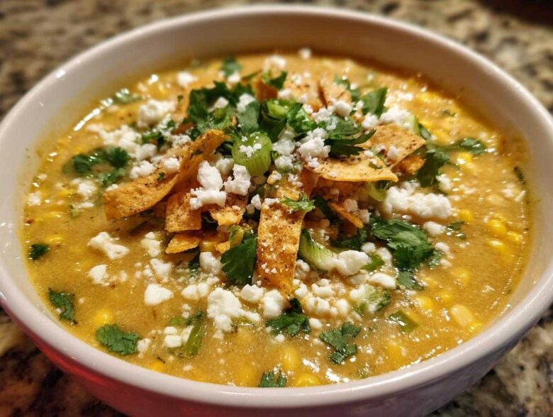 A close-up of a bowl of creamy Mexican street corn soup topped with crumbled cotija cheese, cilantro, and tortilla strips.