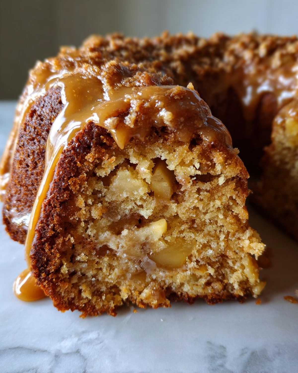 Close-up of a slice of moist apple bundt cake showing chunks of apple inside, topped with caramel sauce and crumble.