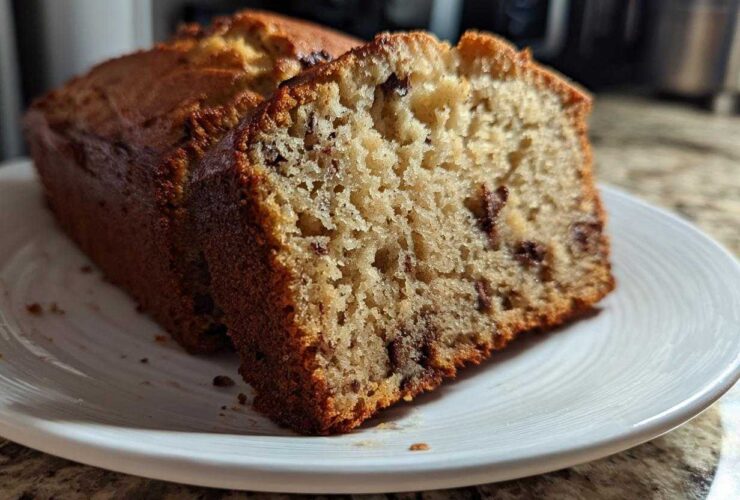 Close-up of a thick slice of moist banana bread recipe with visible chocolate chips on a white plate.