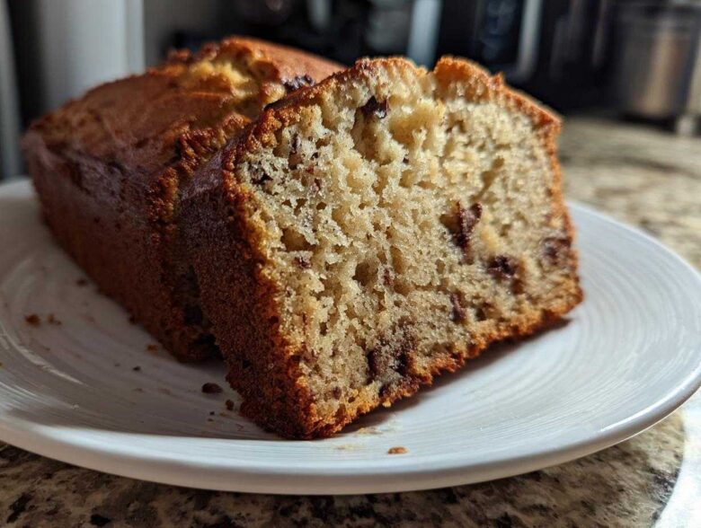 Close-up of a thick slice of moist banana bread recipe with visible chocolate chips on a white plate.