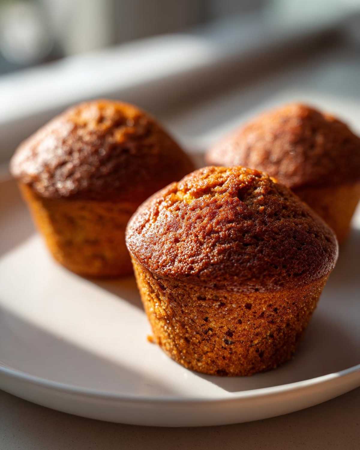 Close-up of three golden brown, moist bran muffins sitting on a white plate in bright sunlight.