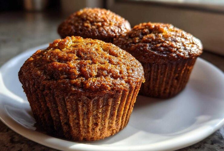Close-up of three golden-brown, moist bran muffins sitting on a white plate near a window.