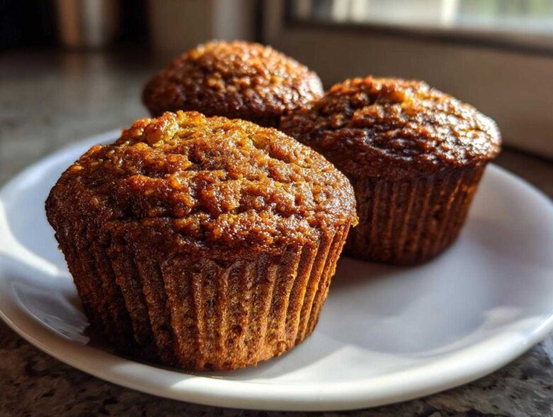 Close-up of three golden-brown, moist bran muffins sitting on a white plate near a window.