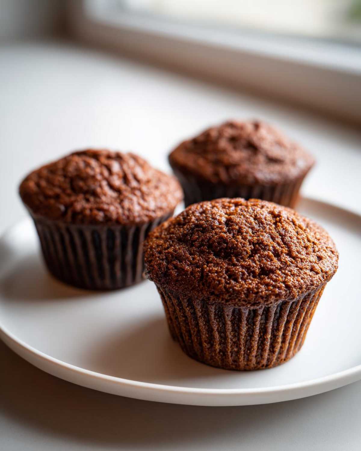 Three freshly baked, dark brown bran muffins sitting on a light gray plate near a window.
