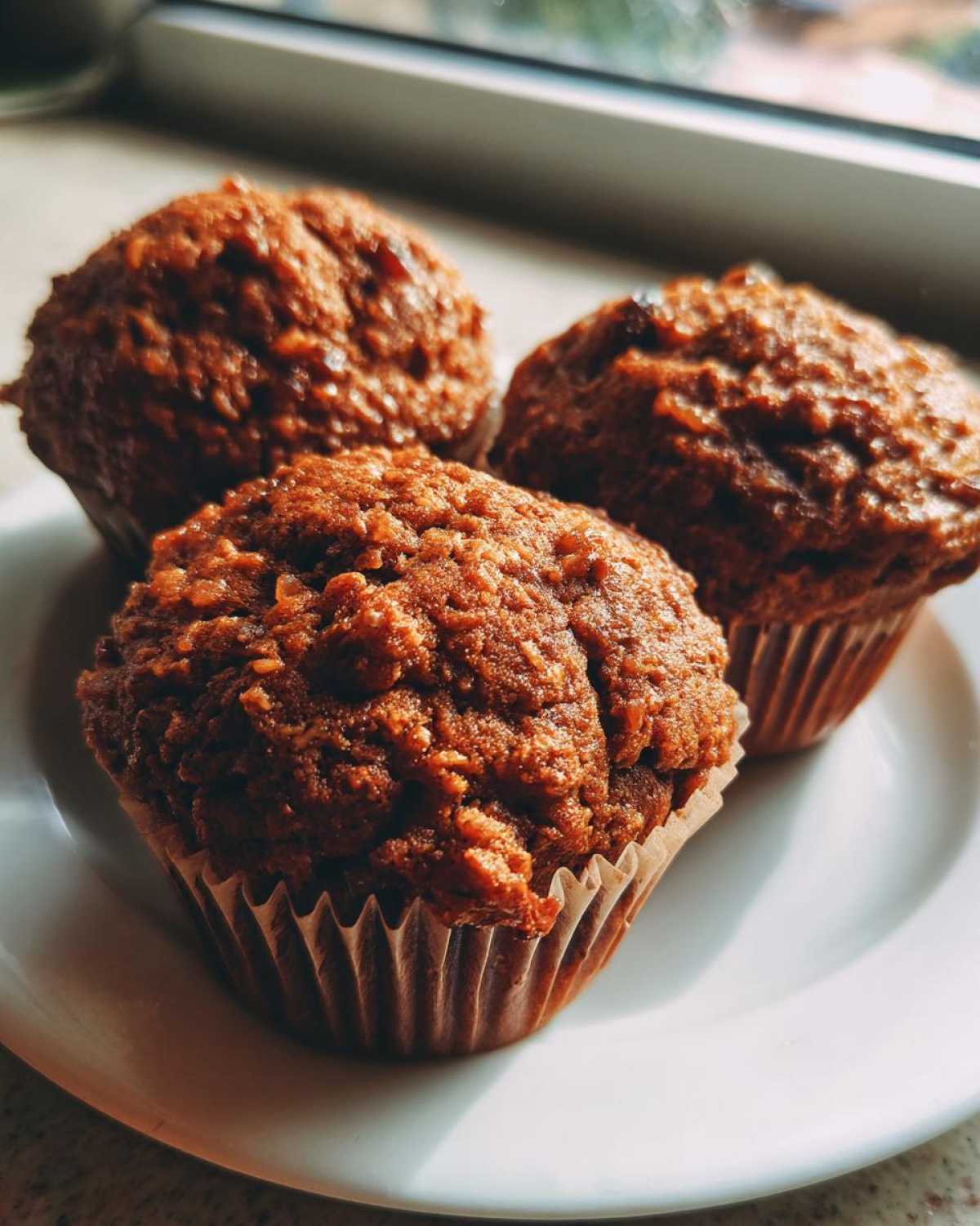 Three freshly baked, dark brown bran muffins sitting on a white plate near a window.
