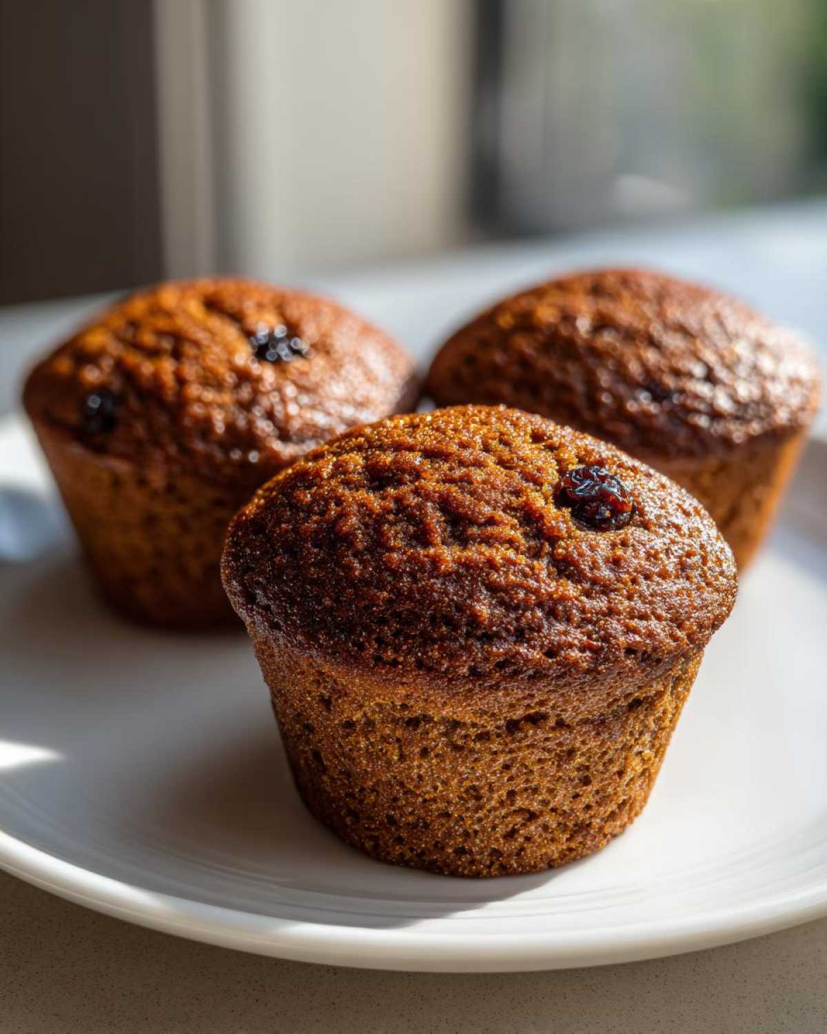Close-up of three moist bran muffins with visible raisins, sitting on a white plate under natural light.