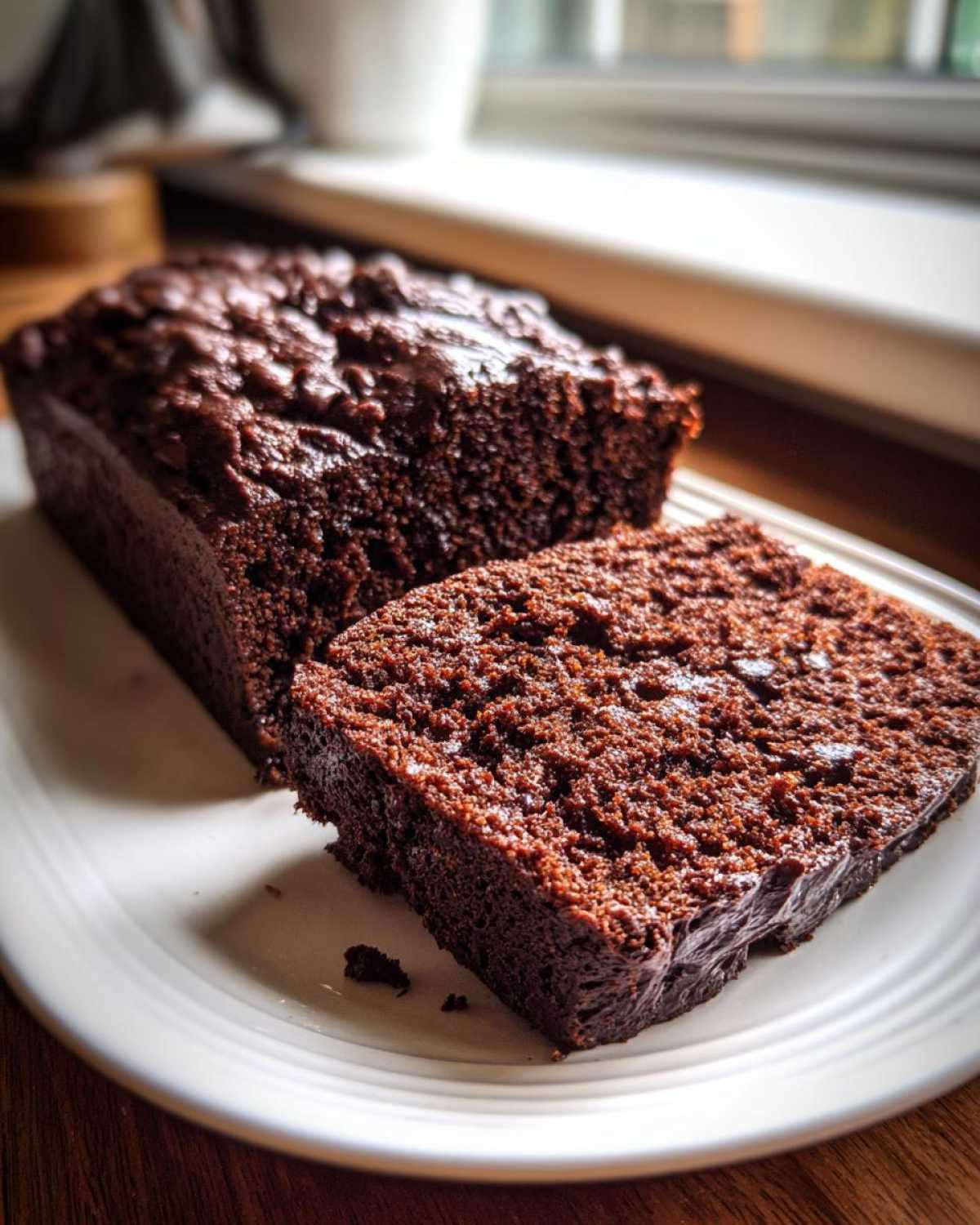 A thick slice of rich, dark chocolate bread resting next to the remaining loaf on a white plate.