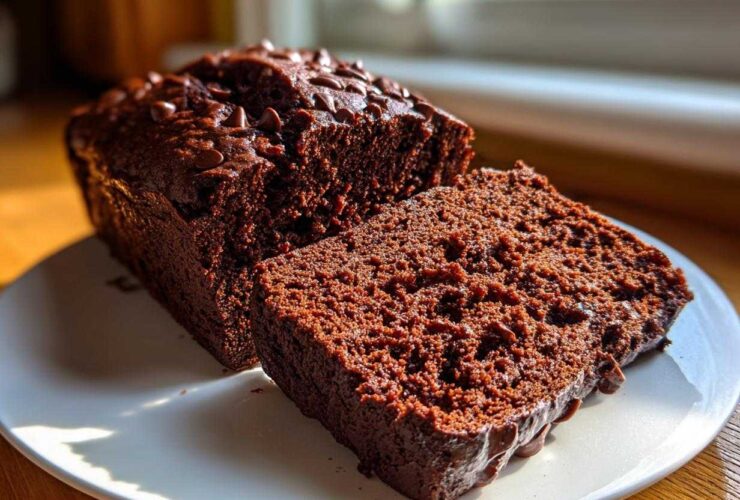 A rich, dark chocolate bread loaf, partially sliced, topped with chocolate chips.