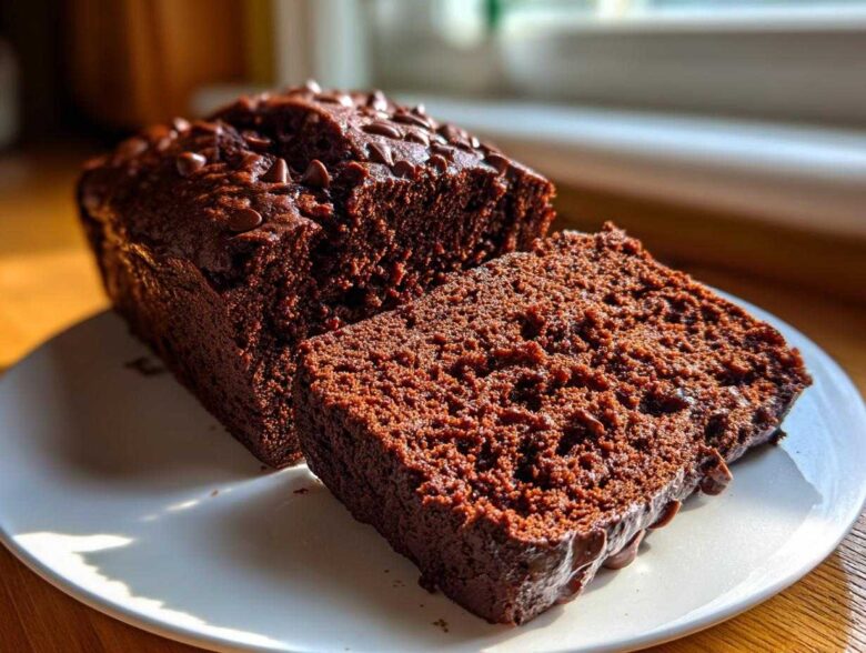 A rich, dark chocolate bread loaf, partially sliced, topped with chocolate chips.