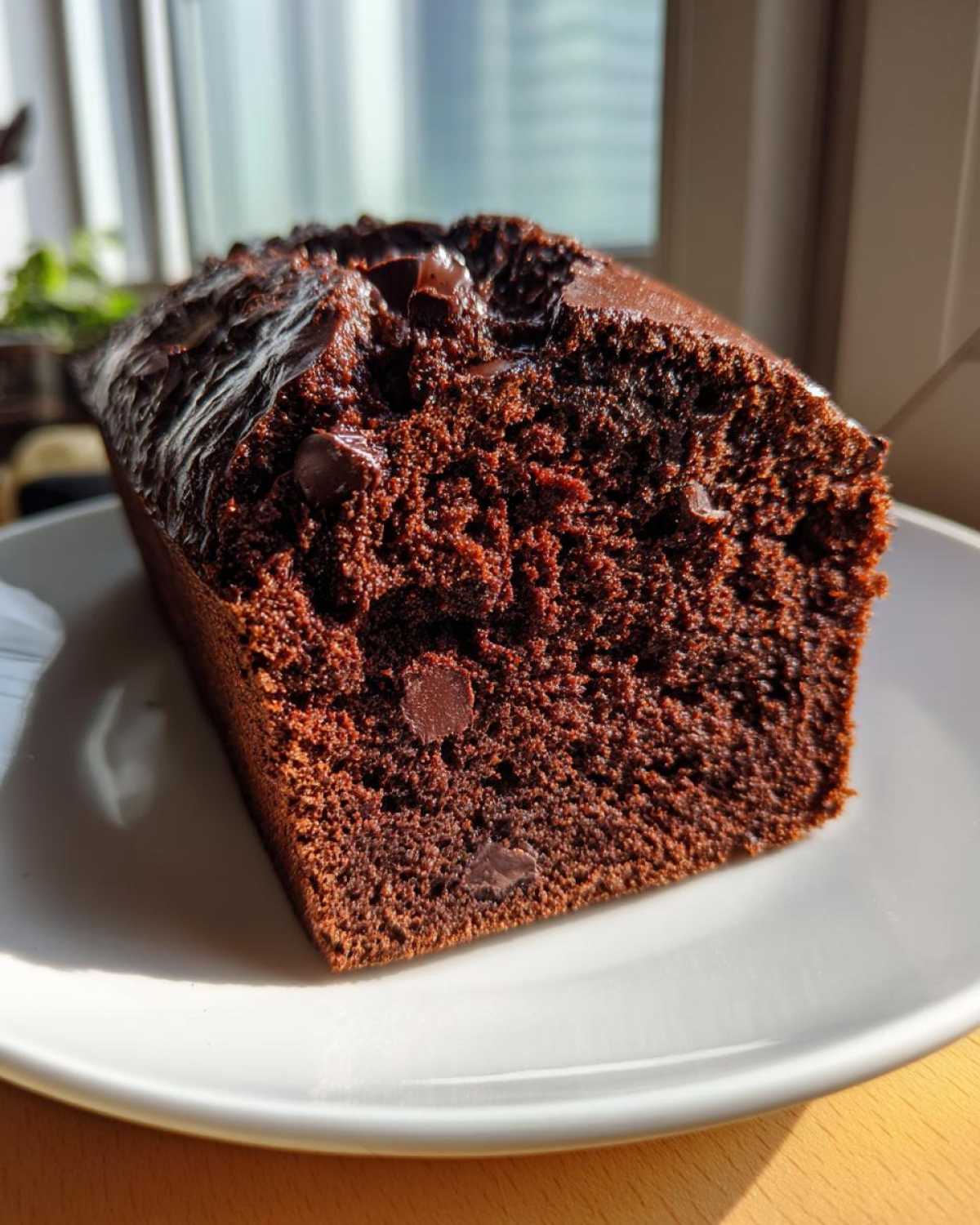 Close-up of a moist slice of rich chocolate bread studded with chocolate chips, sitting on a white plate.