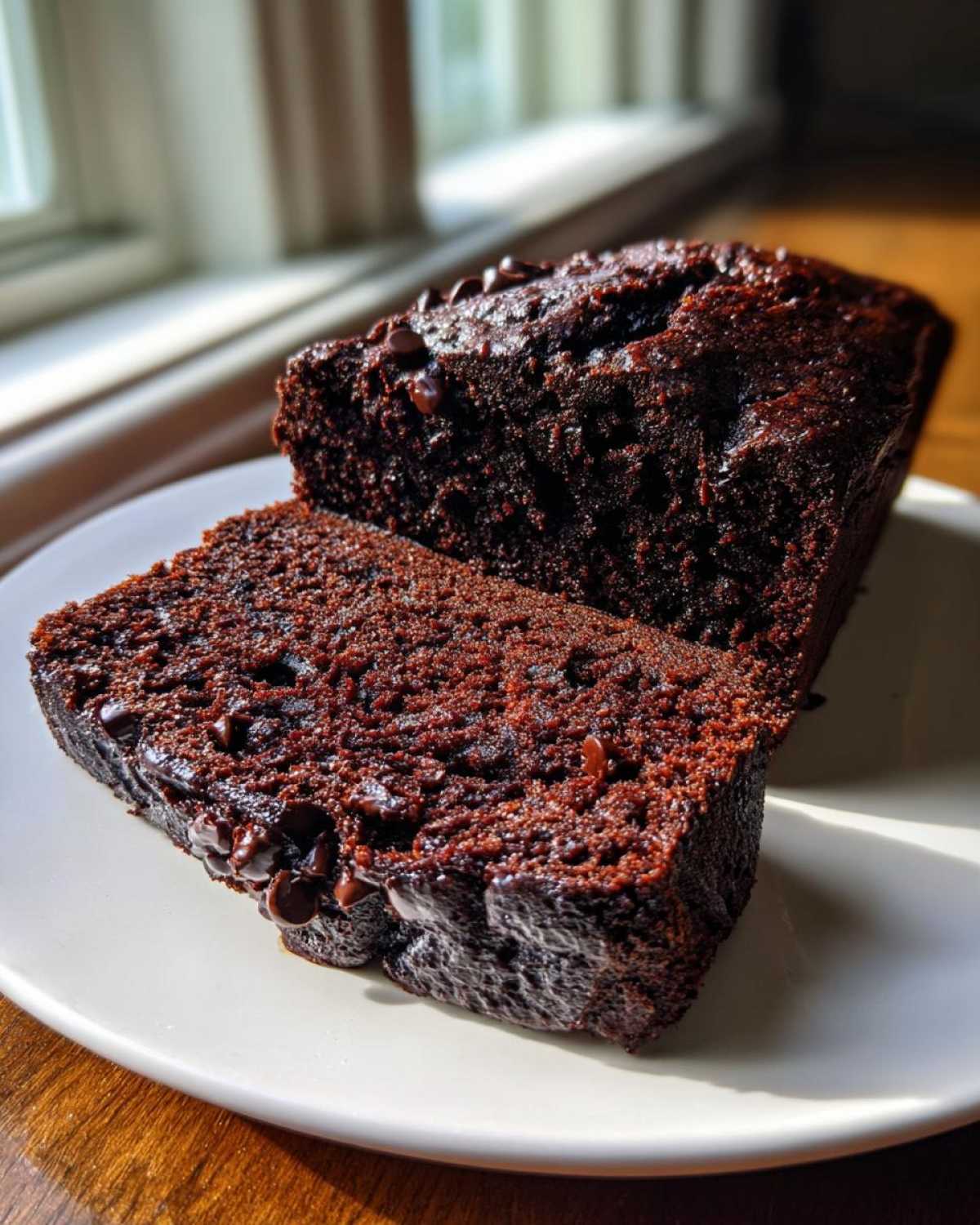 A close-up of a slice of dark, moist chocolate bread studded with chocolate chips, resting next to the loaf.