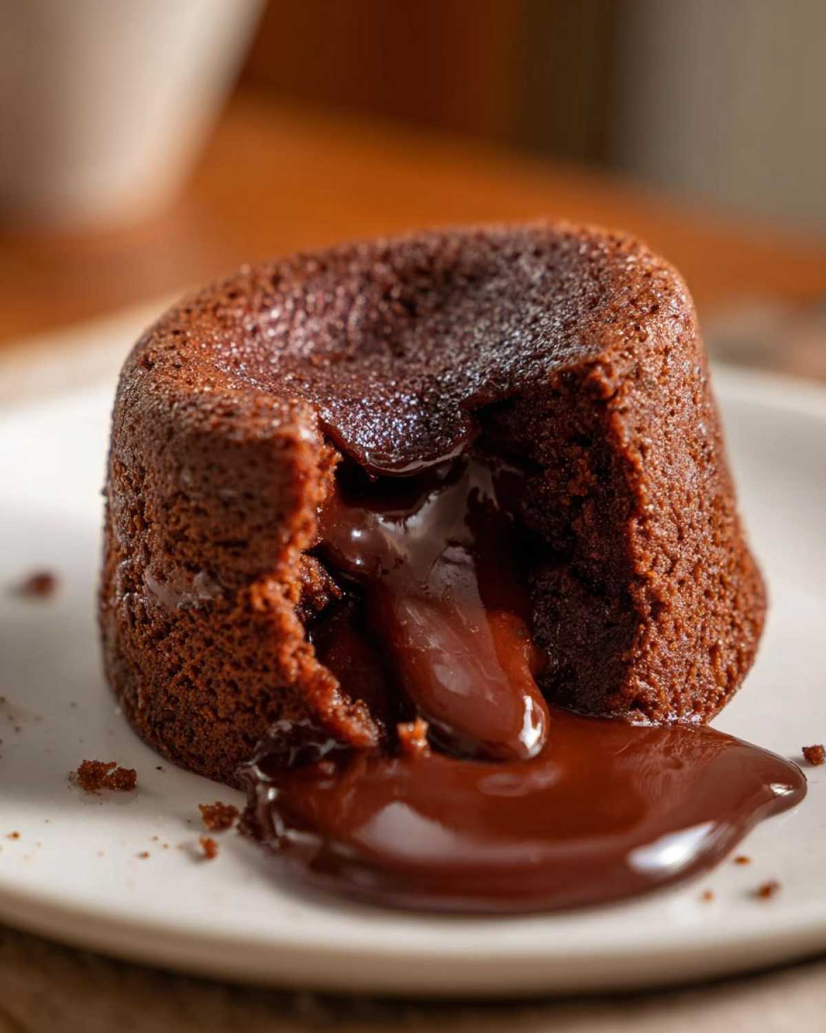 Close-up of a freshly baked chocolate lava cake with the center cut open, revealing rich, molten chocolate flowing onto a white plate.