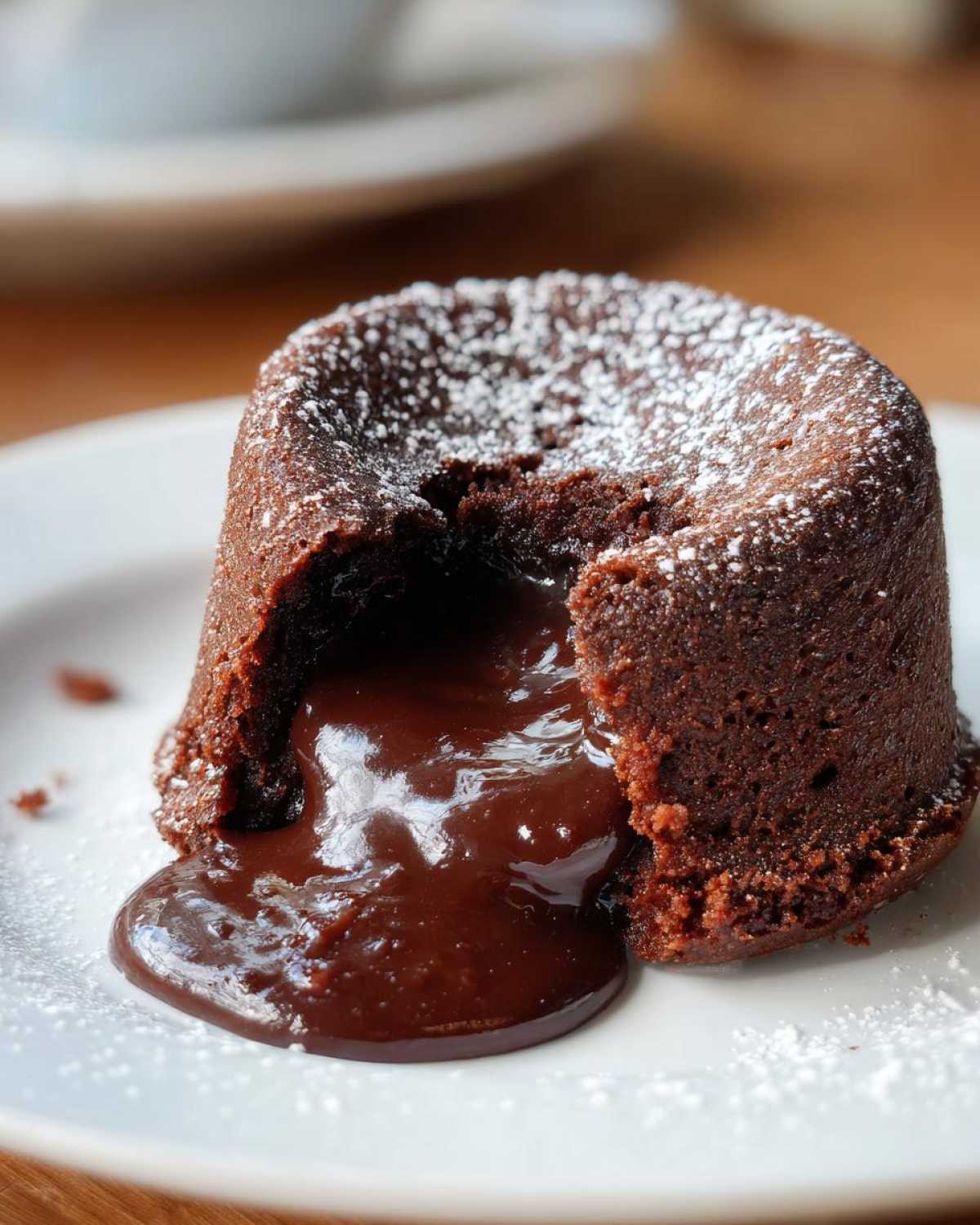 Close-up of a warm chocolate lava cake with molten center oozing out, dusted with powdered sugar.