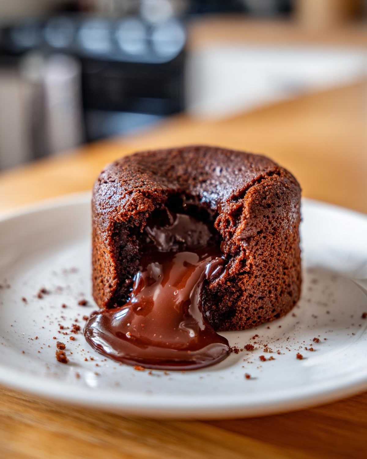Close-up of a warm chocolate lava cake with molten center oozing onto a white plate.