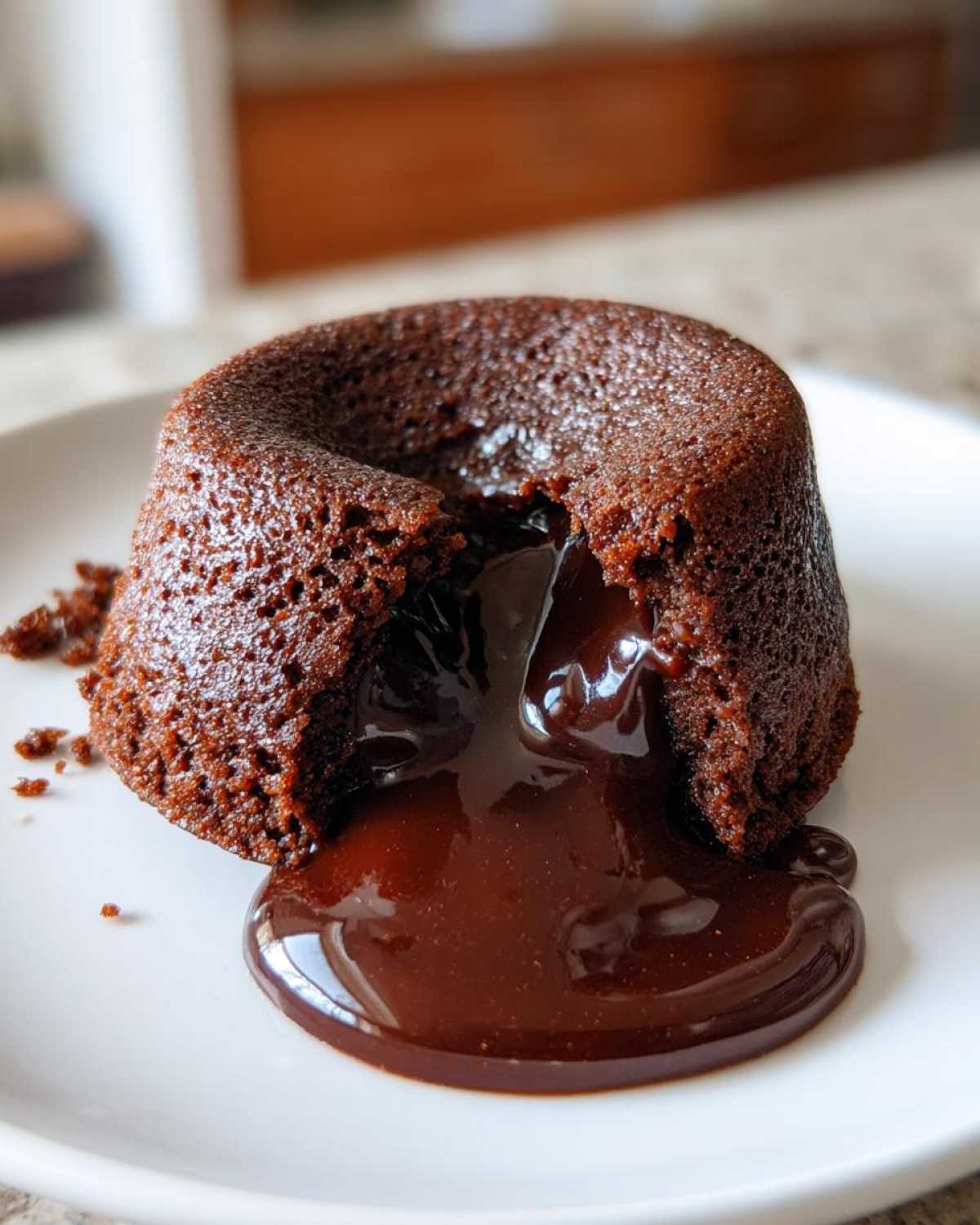 Close-up of a freshly baked chocolate lava cake with molten chocolate flowing onto a white plate.