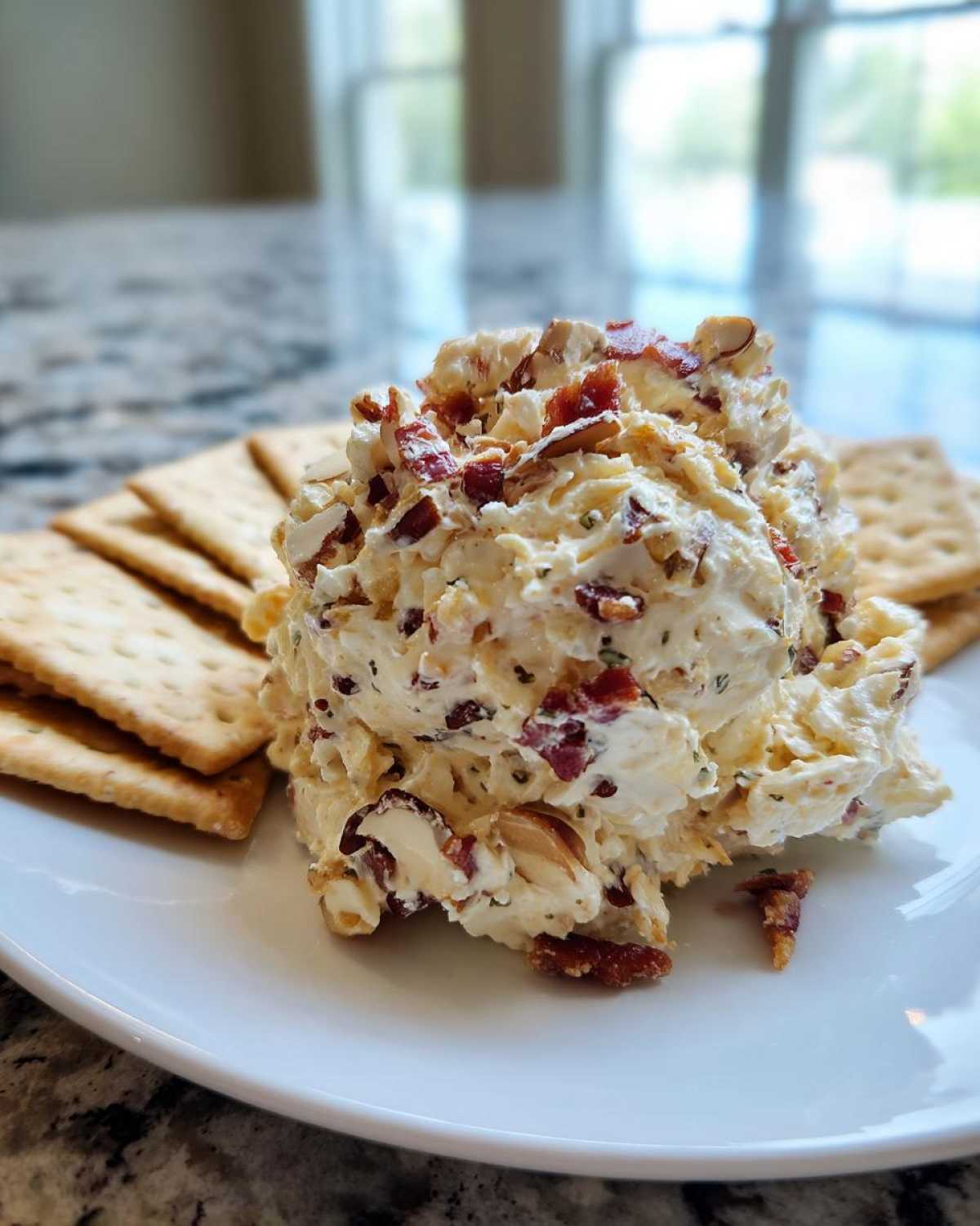 A scoop of creamy Neiman Marcus dip topped with bacon bits and chopped nuts, served with crackers.