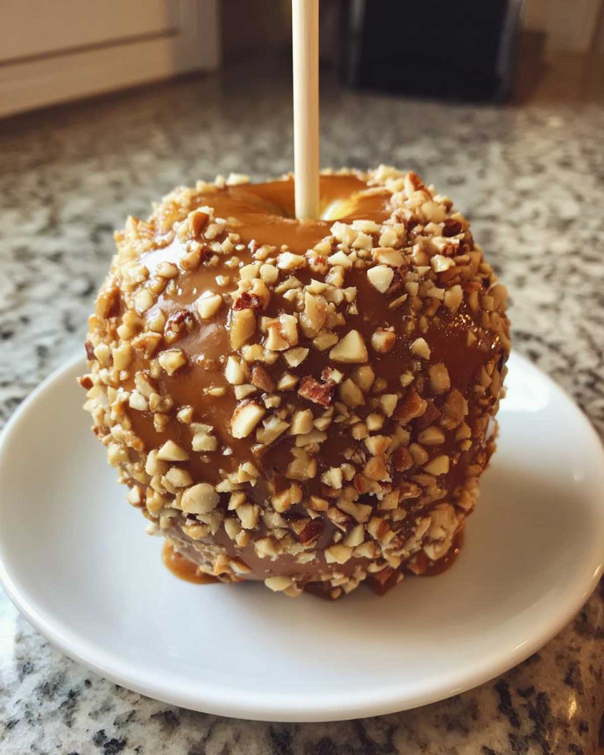 A close-up of a perfectly made caramel apples, coated in thick caramel and covered entirely in chopped nuts, served on a white plate.