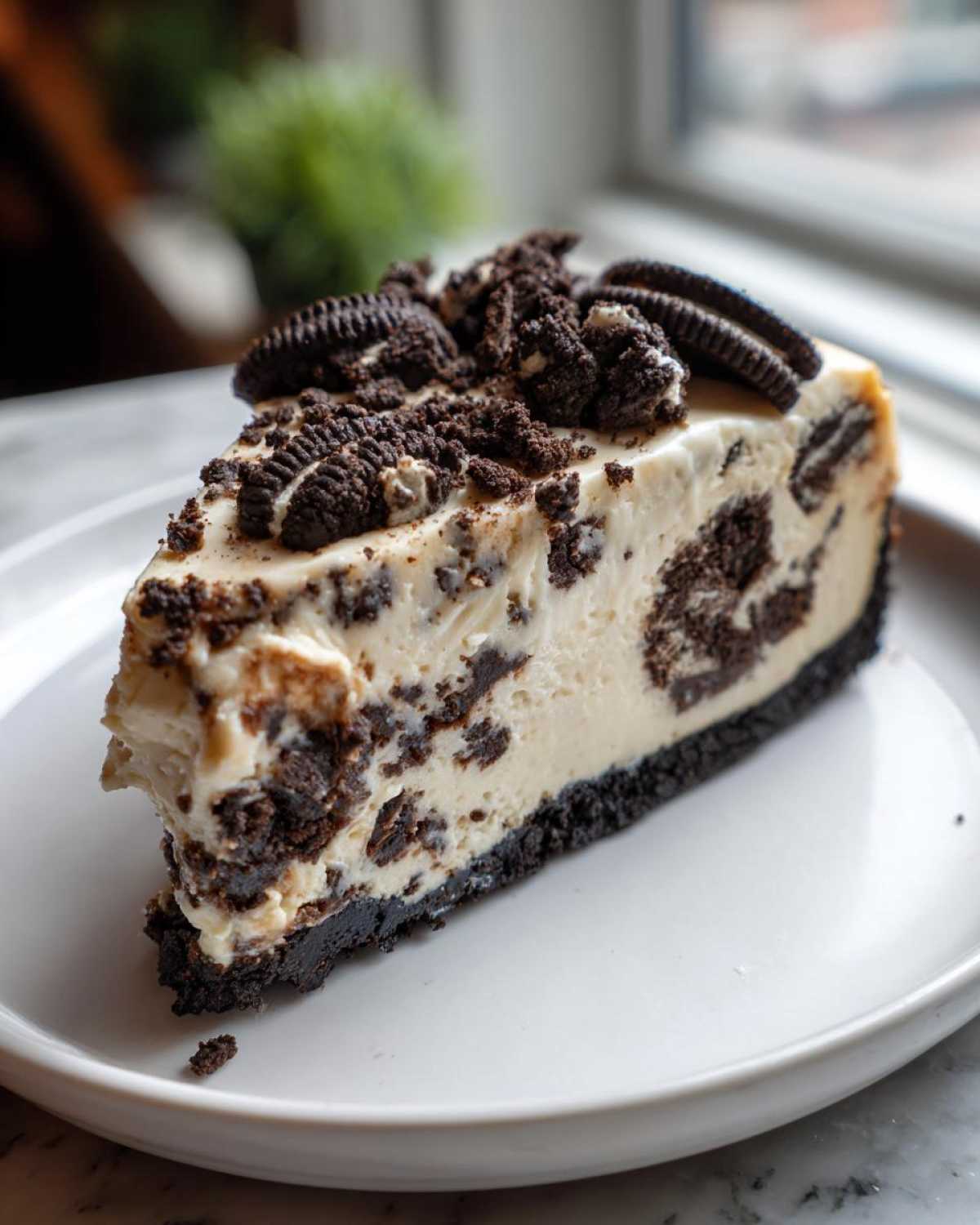 A close-up of a perfect slice of Oreo cheesecake showing the creamy filling and dark cookie crust, topped with crushed Oreos.