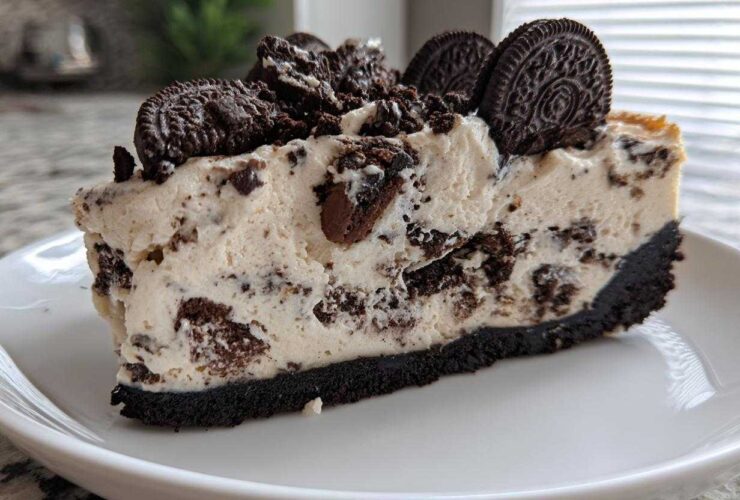 A thick slice of creamy Oreo cheesecake with a dark chocolate crust, topped with crushed and whole Oreo cookies.