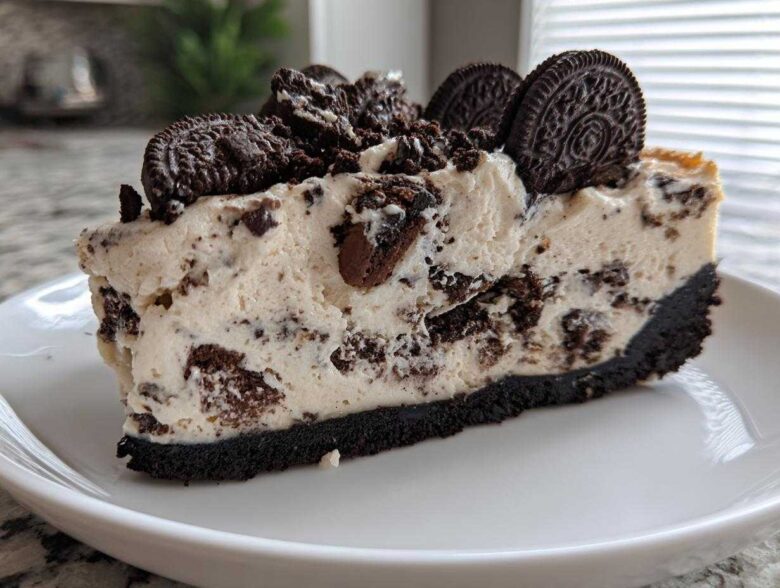 A thick slice of creamy Oreo cheesecake with a dark chocolate crust, topped with crushed and whole Oreo cookies.