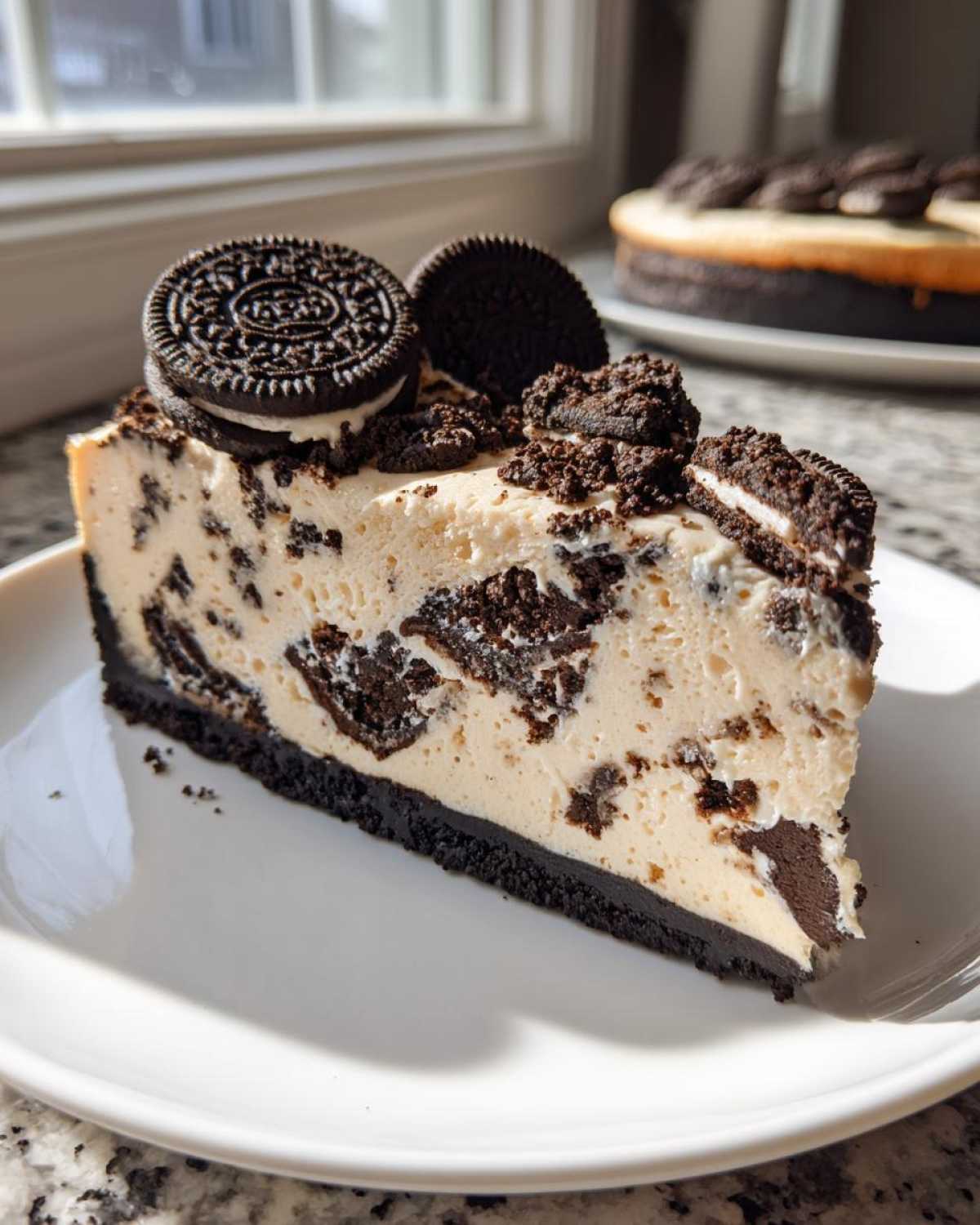 A decadent slice of Oreo cheesecake with chunks of cookies mixed in, topped with whole and crushed Oreo cookies.