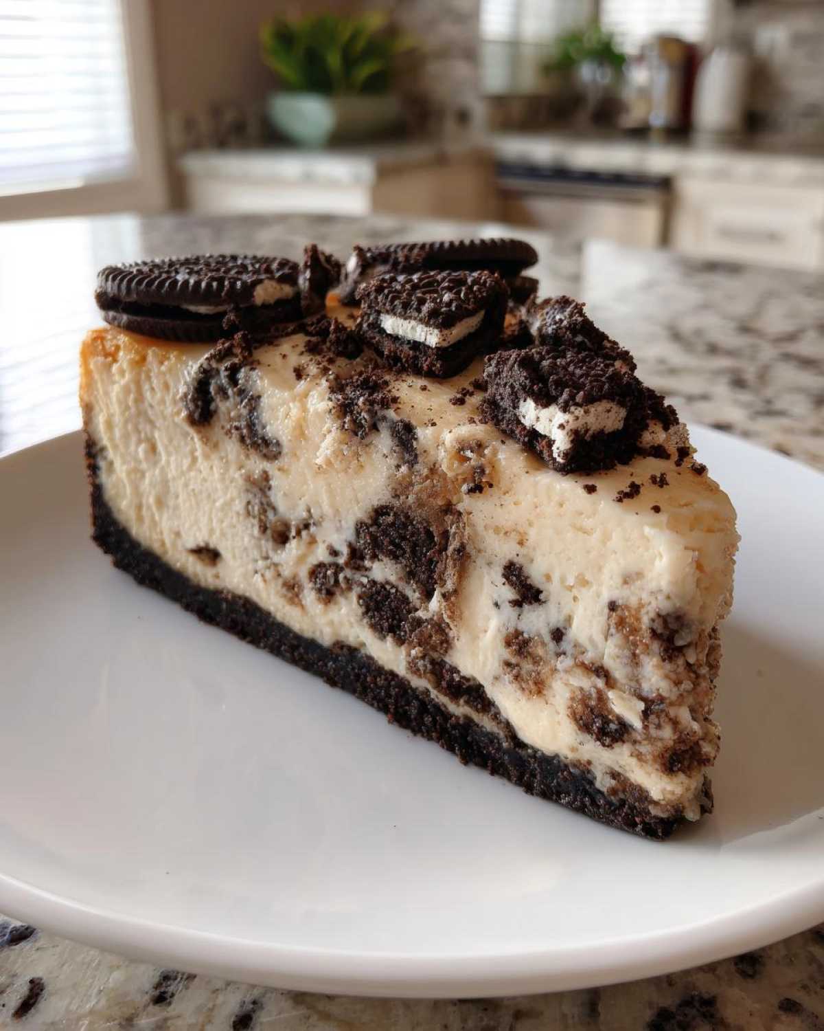 A decadent slice of Oreo cheesecake with a dark crust, creamy filling mixed with cookie pieces, and topped with mini Oreos.