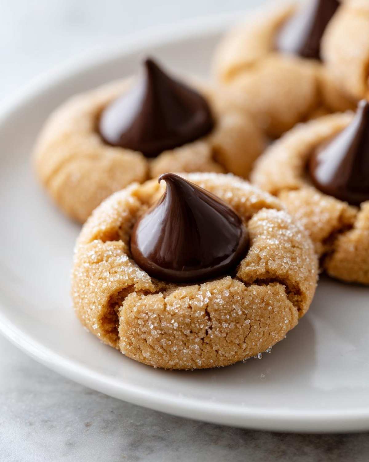 Close-up of freshly baked peanut butter kiss cookies rolled in sugar, each topped with a melted chocolate kiss.