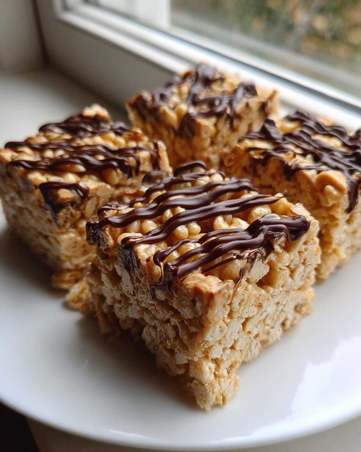 Four squares of peanut butter rice krispie treats topped with a dark chocolate drizzle, sitting on a white plate.