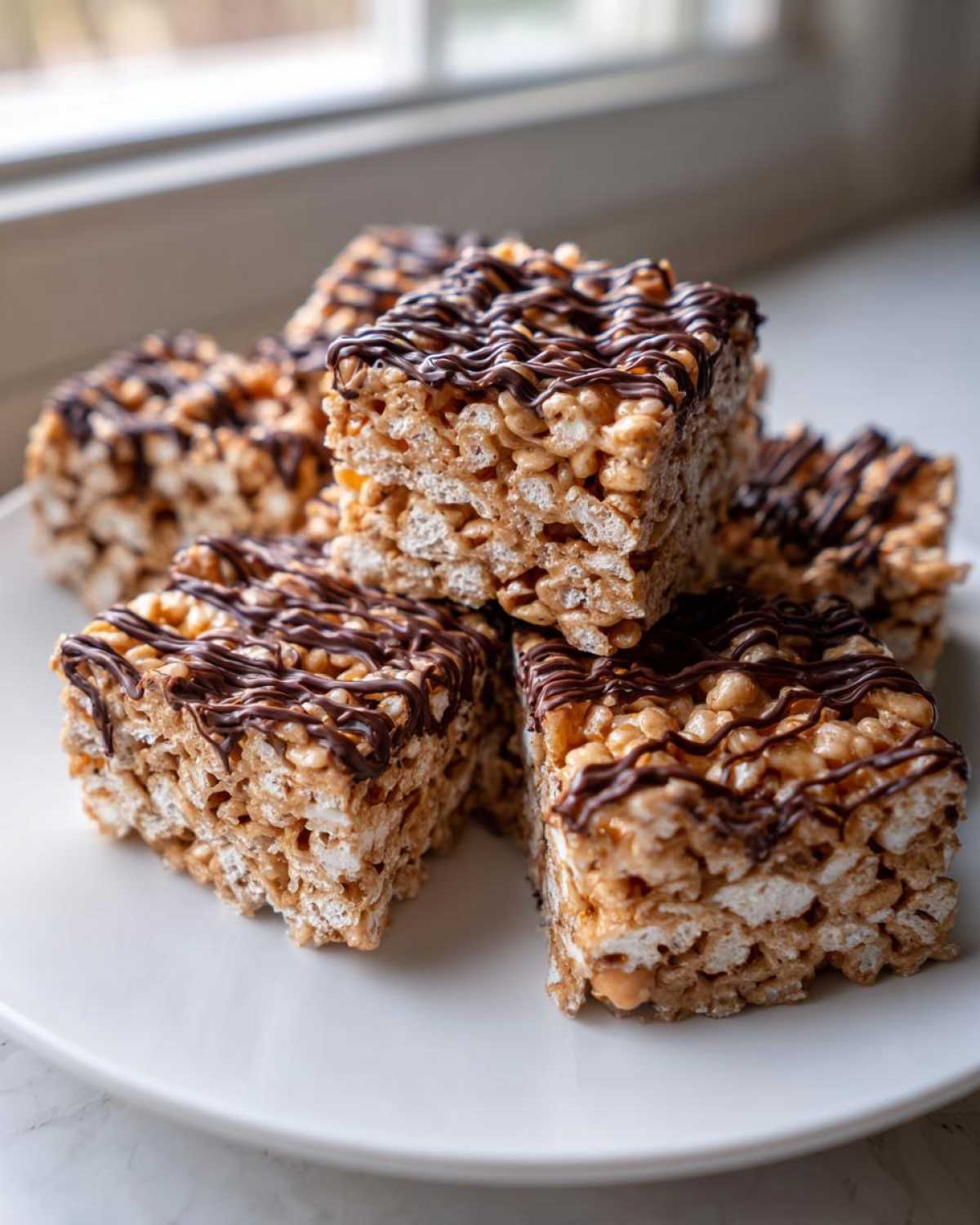 A stack of square peanut butter rice krispie treats drizzled generously with melted dark chocolate.