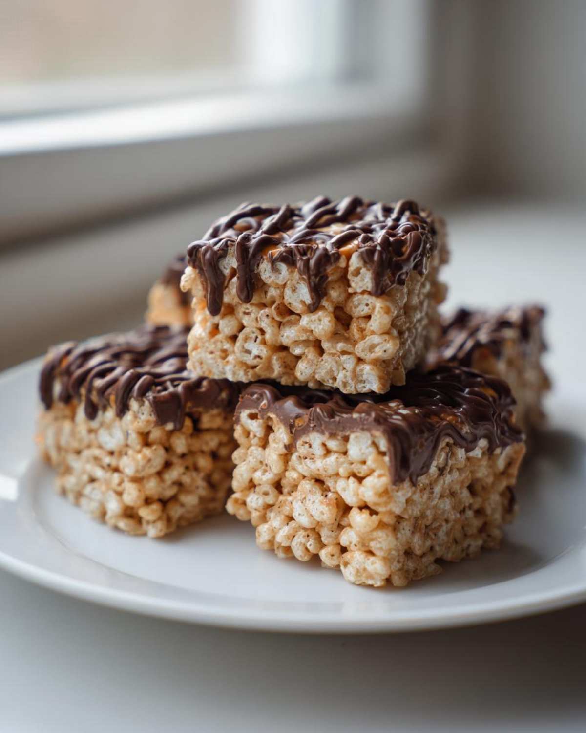 A stack of square peanut butter rice krispie treats drizzled generously with melted chocolate.