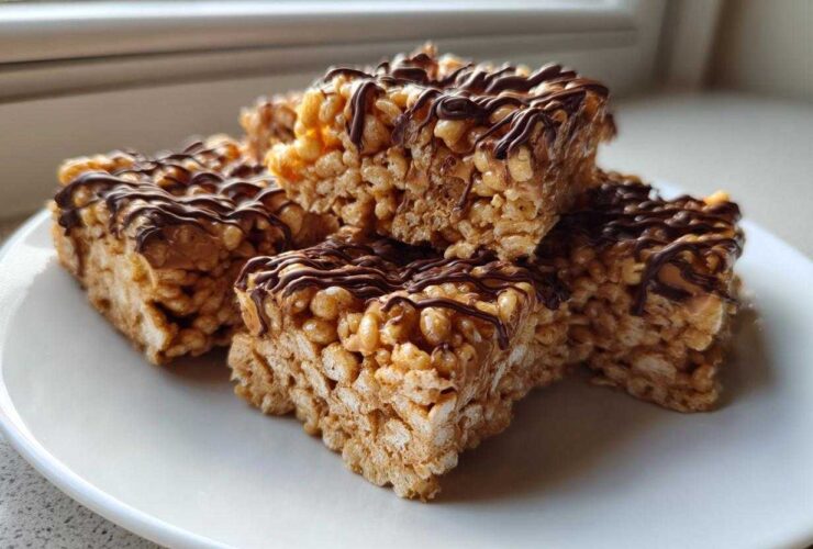 A stack of homemade peanut butter rice krispie treats drizzled with melted chocolate, sitting on a white plate.