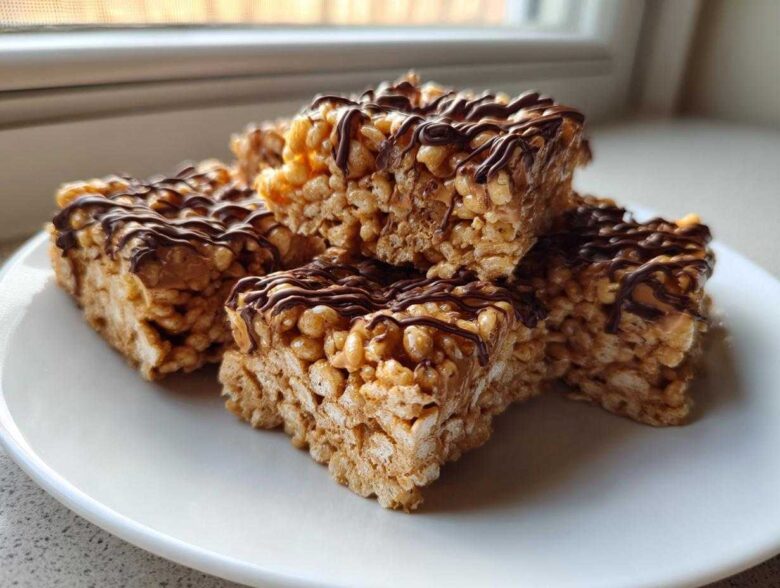 A stack of homemade peanut butter rice krispie treats drizzled with melted chocolate, sitting on a white plate.