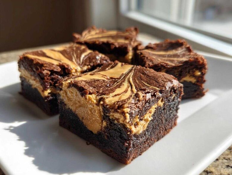 Close-up of four rich, fudgy peanut butter swirl brownies stacked on a white plate.