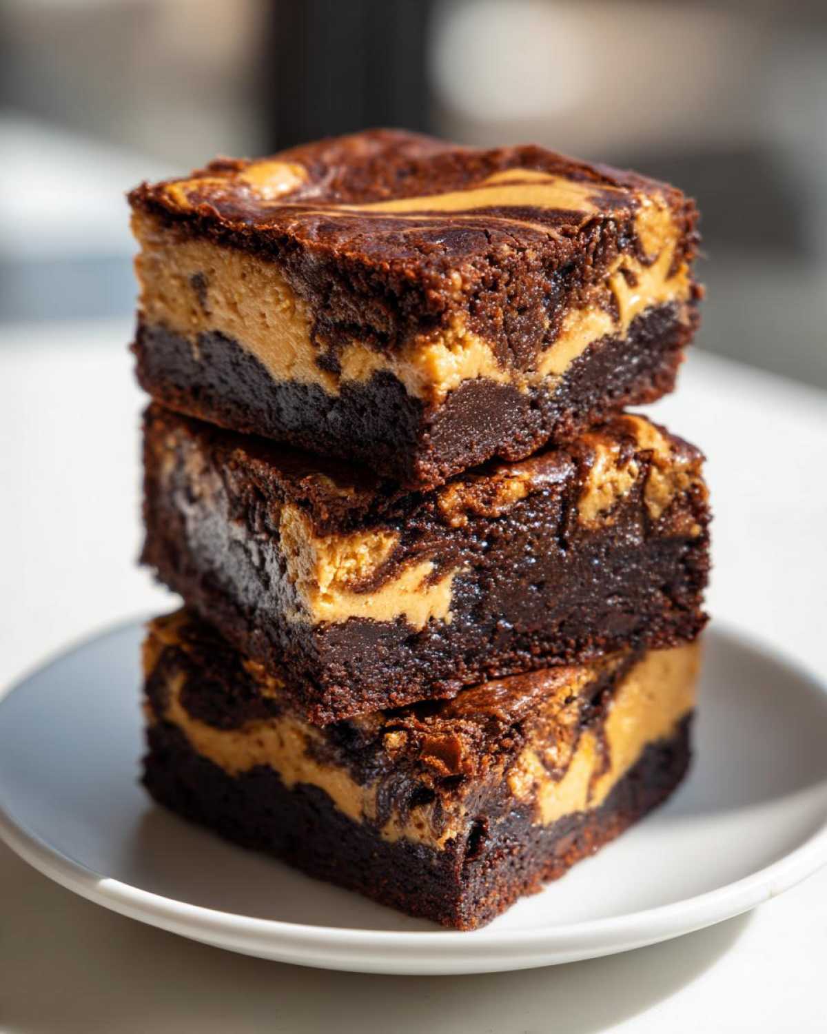A stack of three gooey peanut butter swirl brownies sitting on a white plate.
