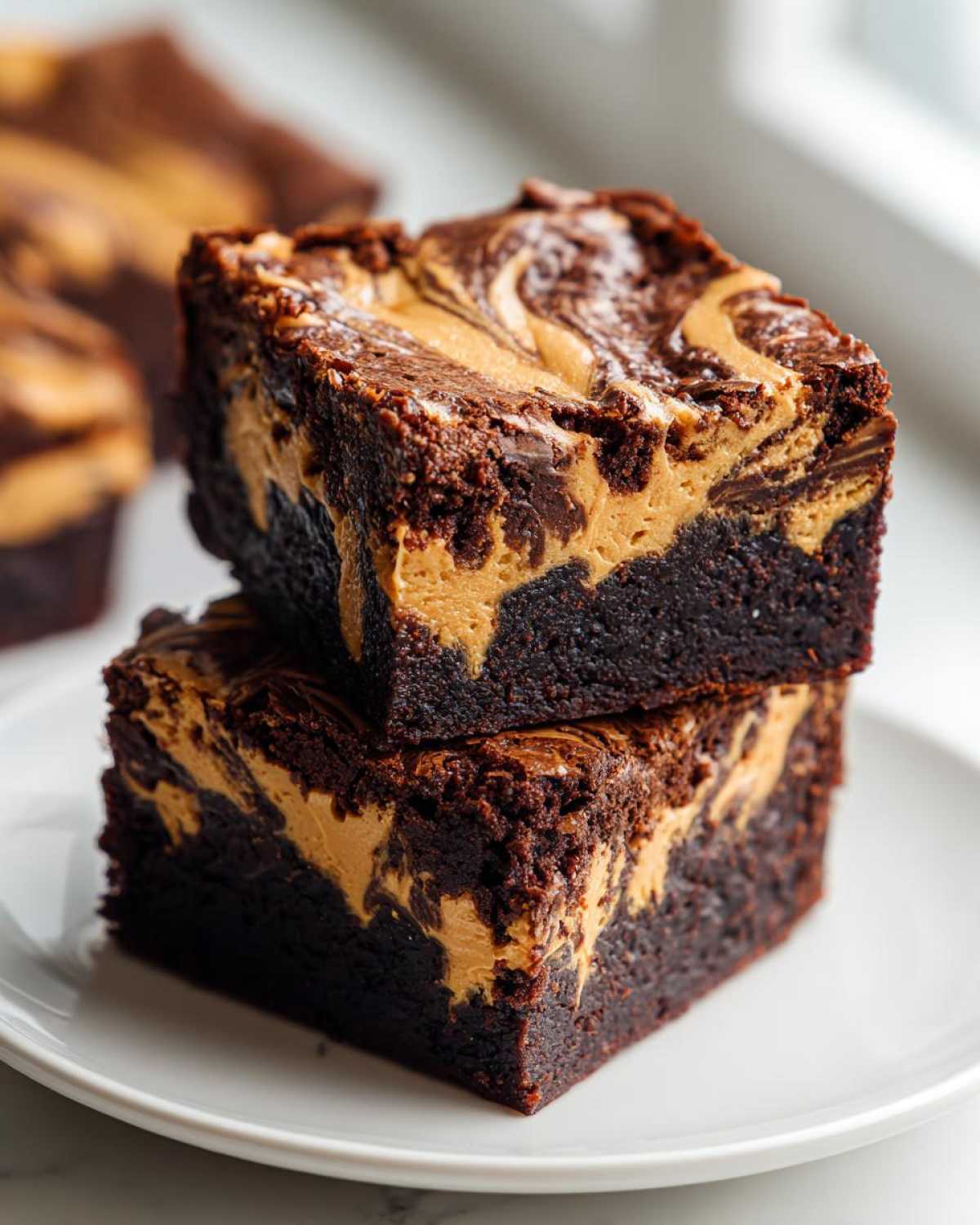 Two gooey peanut butter swirl brownies stacked on a white plate, showing rich chocolate texture.