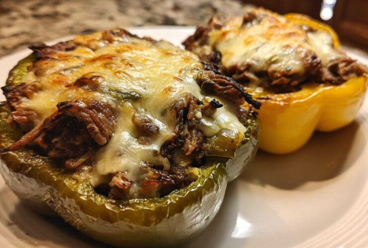 Two baked philly cheesesteak stuffed peppers, one green and one yellow, topped with melted, bubbly cheese.