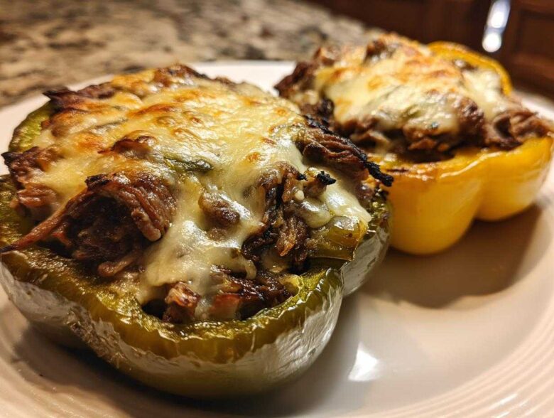 Two baked philly cheesesteak stuffed peppers, one green and one yellow, topped with melted, bubbly cheese.
