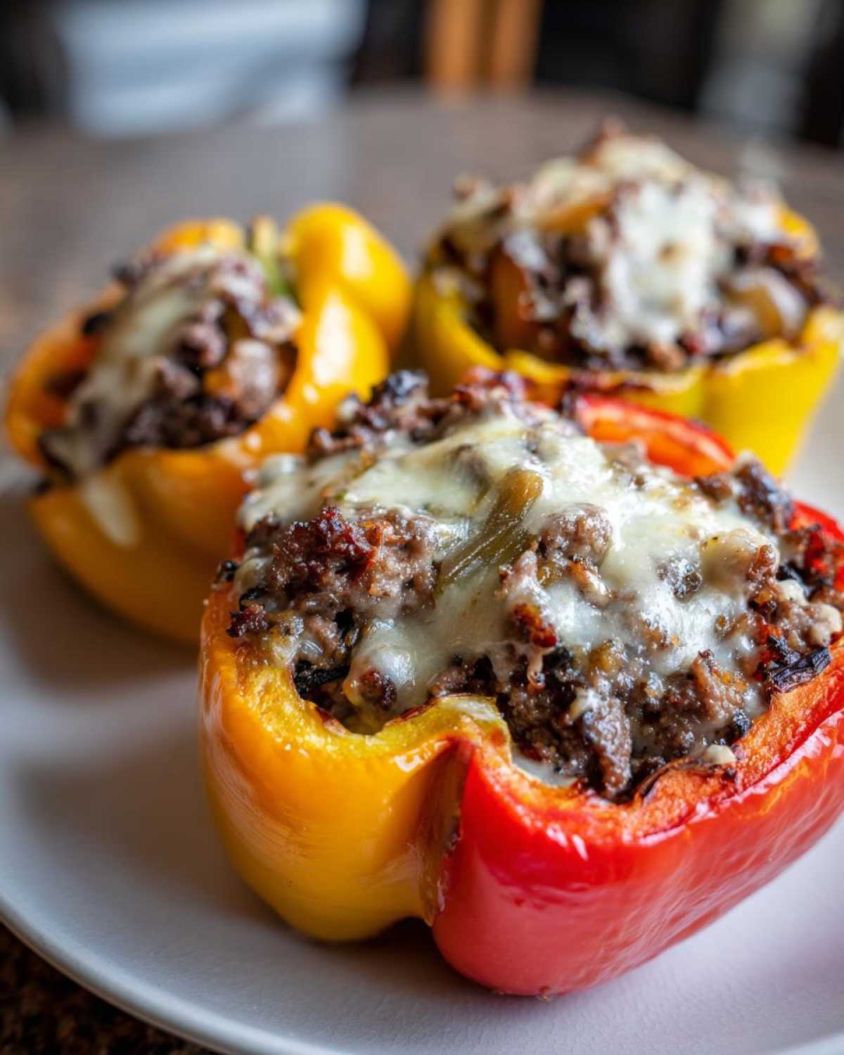 Close-up of baked philly cheesesteak stuffed peppers, featuring melted white cheese over savory beef filling.