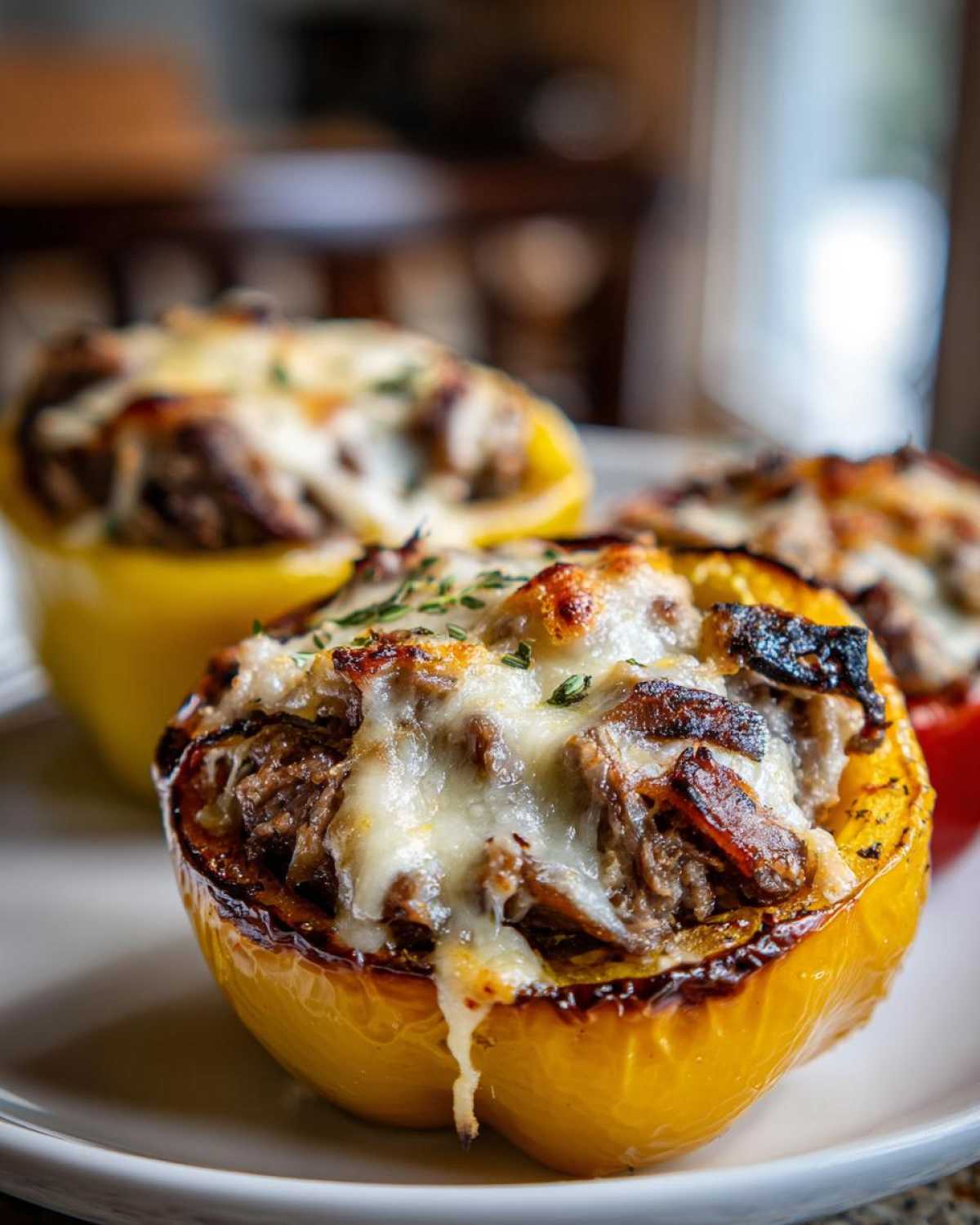 Close-up of a baked yellow bell pepper filled with steak, onions, and topped with melted white cheese, part of the philly cheesesteak stuffed peppers.