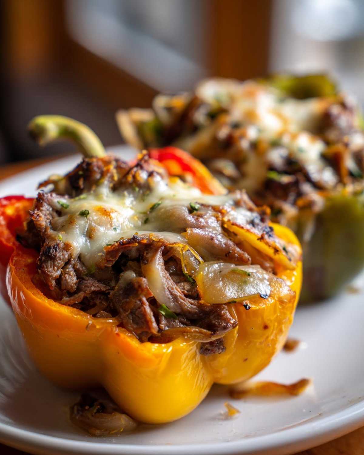 Close-up of a yellow bell pepper stuffed with steak, onions, and topped with melted cheese for philly cheesesteak stuffed peppers.