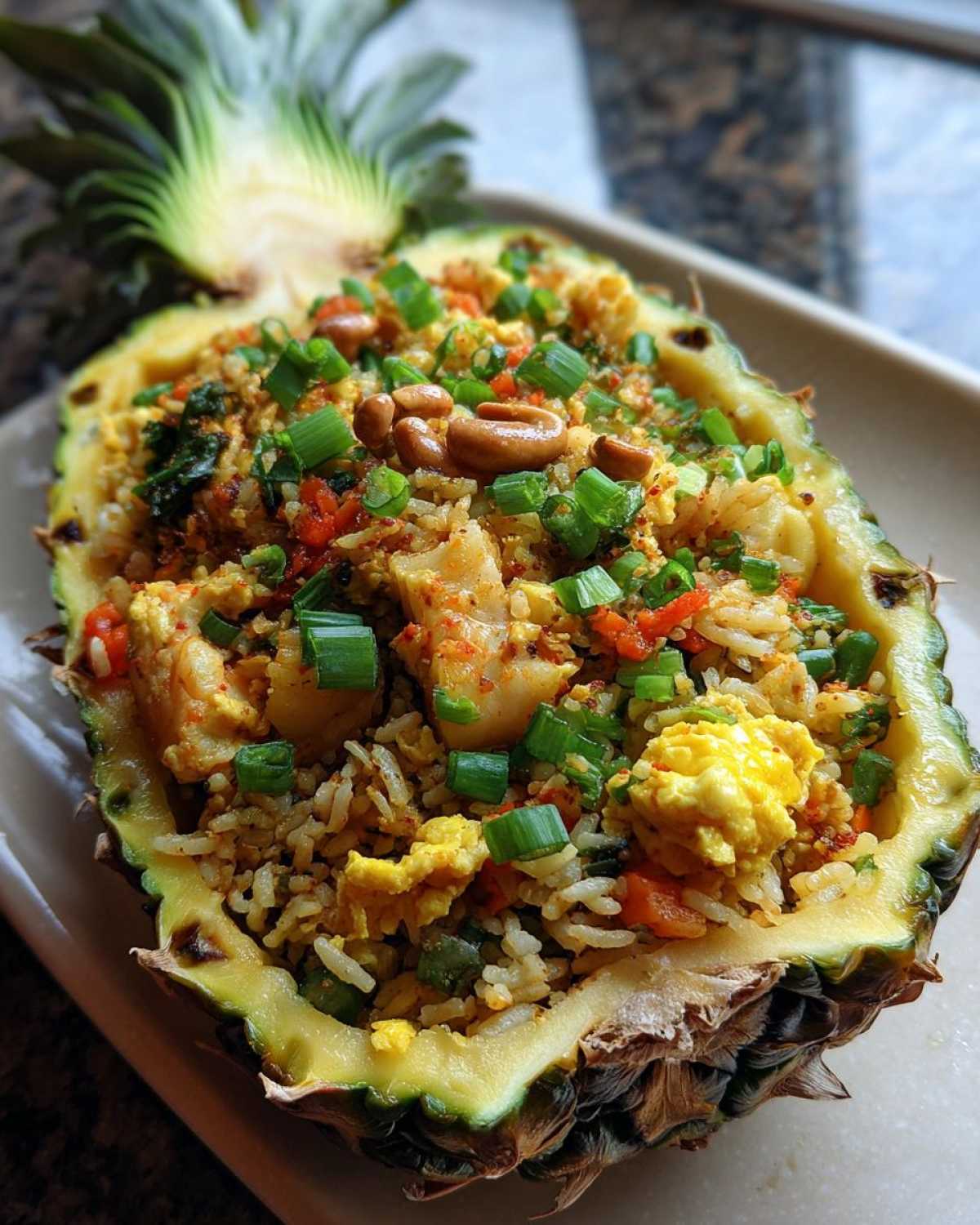 Close-up of flavorful pineapple fried rice served inside a hollowed-out pineapple half, topped with cashews and green onions.