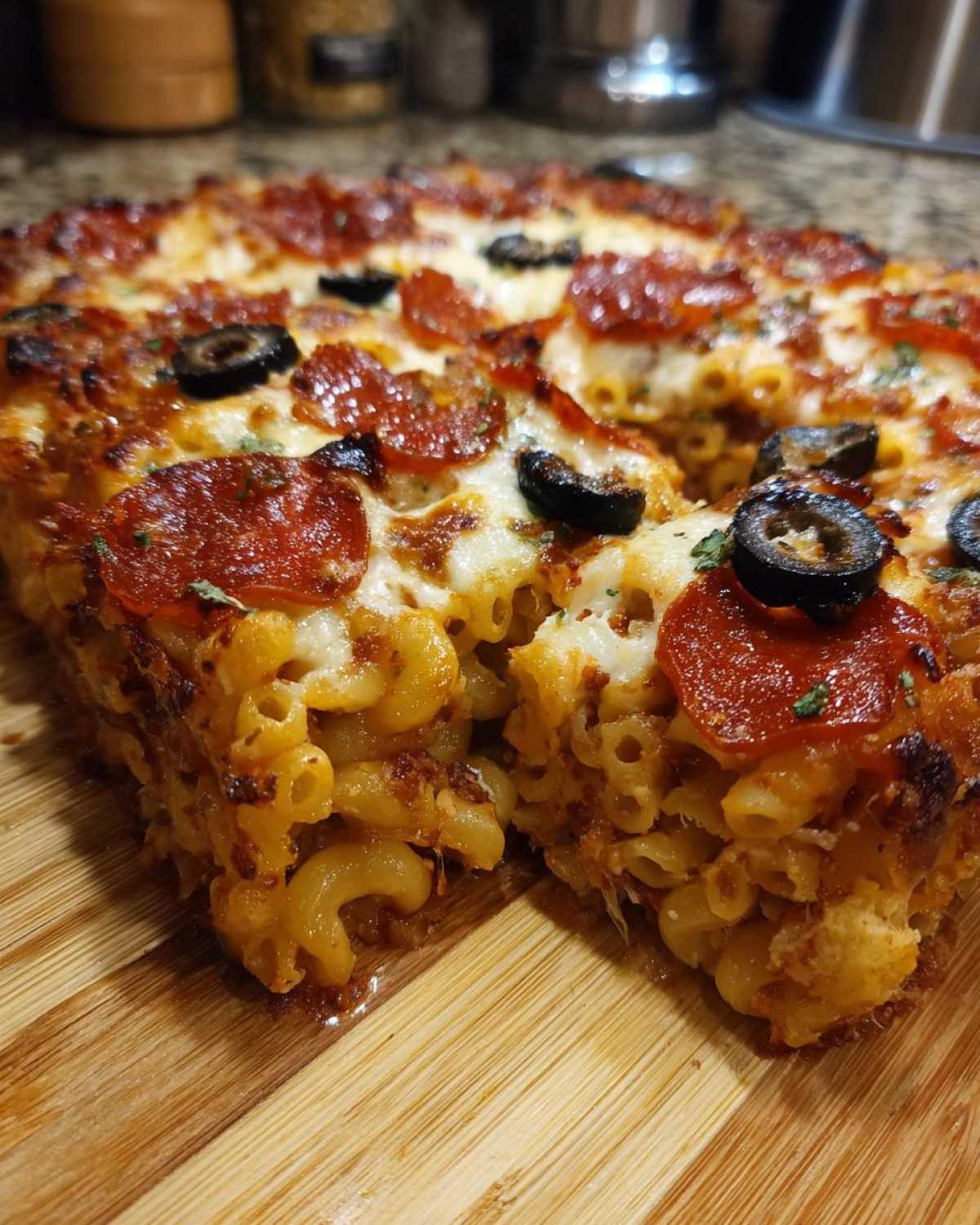Close-up of a baked pizza pasta casserole slice showing macaroni, melted cheese, pepperoni, and black olives.