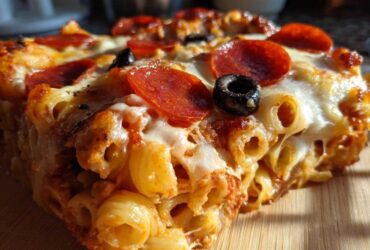 A close-up, cross-section view of a slice of baked pizza pasta casserole topped with melted cheese, pepperoni, and a black olive.