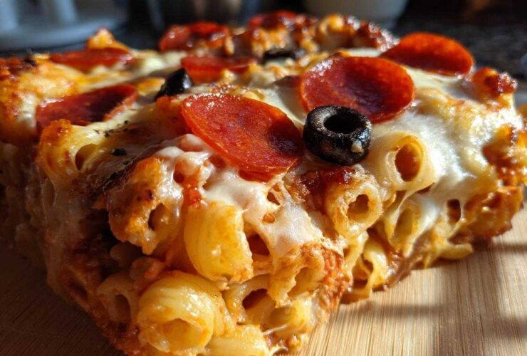A close-up, cross-section view of a slice of baked pizza pasta casserole topped with melted cheese, pepperoni, and a black olive.