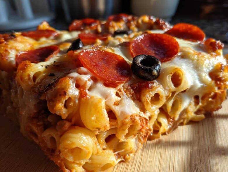 A close-up, cross-section view of a slice of baked pizza pasta casserole topped with melted cheese, pepperoni, and a black olive.