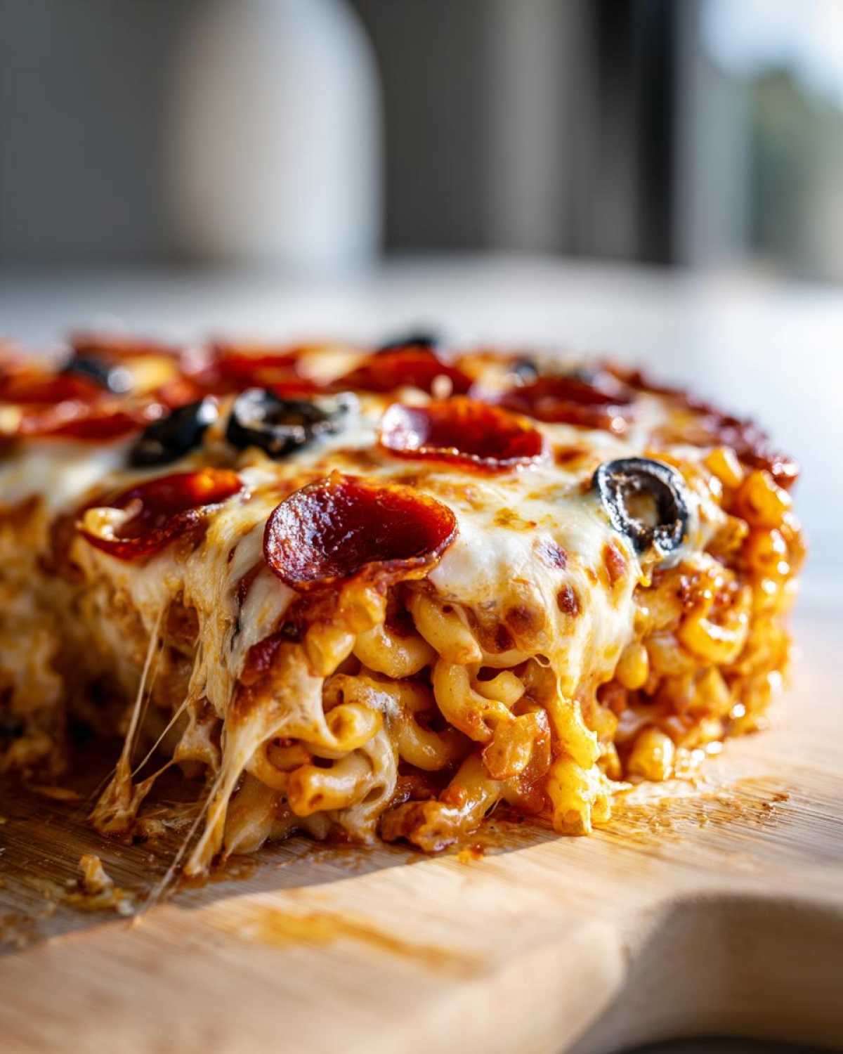 A close-up, gooey slice of baked pizza pasta topped with melted cheese, pepperoni, and black olives.