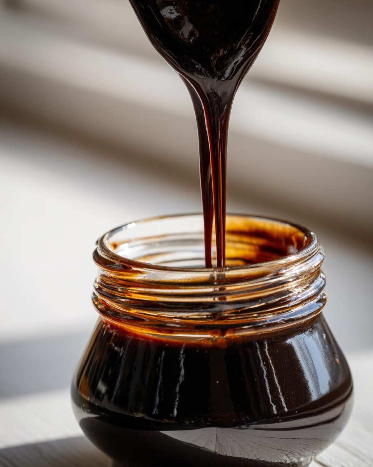 Thick, glossy homemade chocolate syrup being poured from a spoon into a small glass jar.