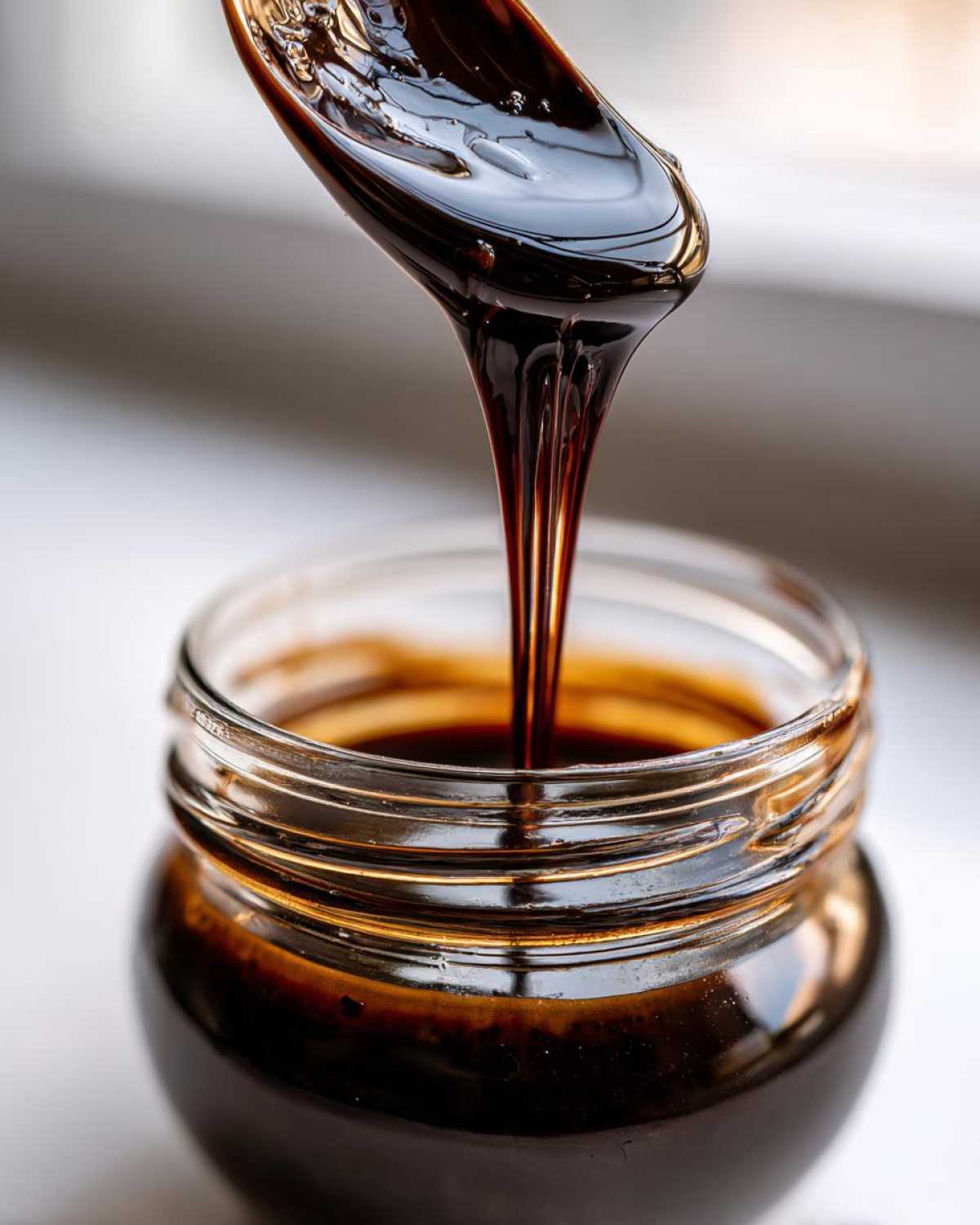Close-up of thick, glossy homemade chocolate syrup dripping from a spoon into a clear glass jar.