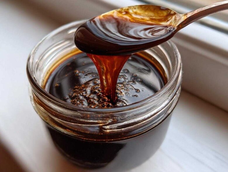 A spoonful of rich, dark homemade chocolate syrup drips back into a glass jar, showing its thick consistency.