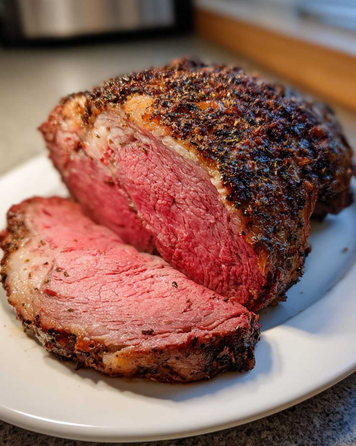 Close-up of a perfectly cooked medium-rare prime rib recipe roast, showing a thick, seasoned crust and pink interior.